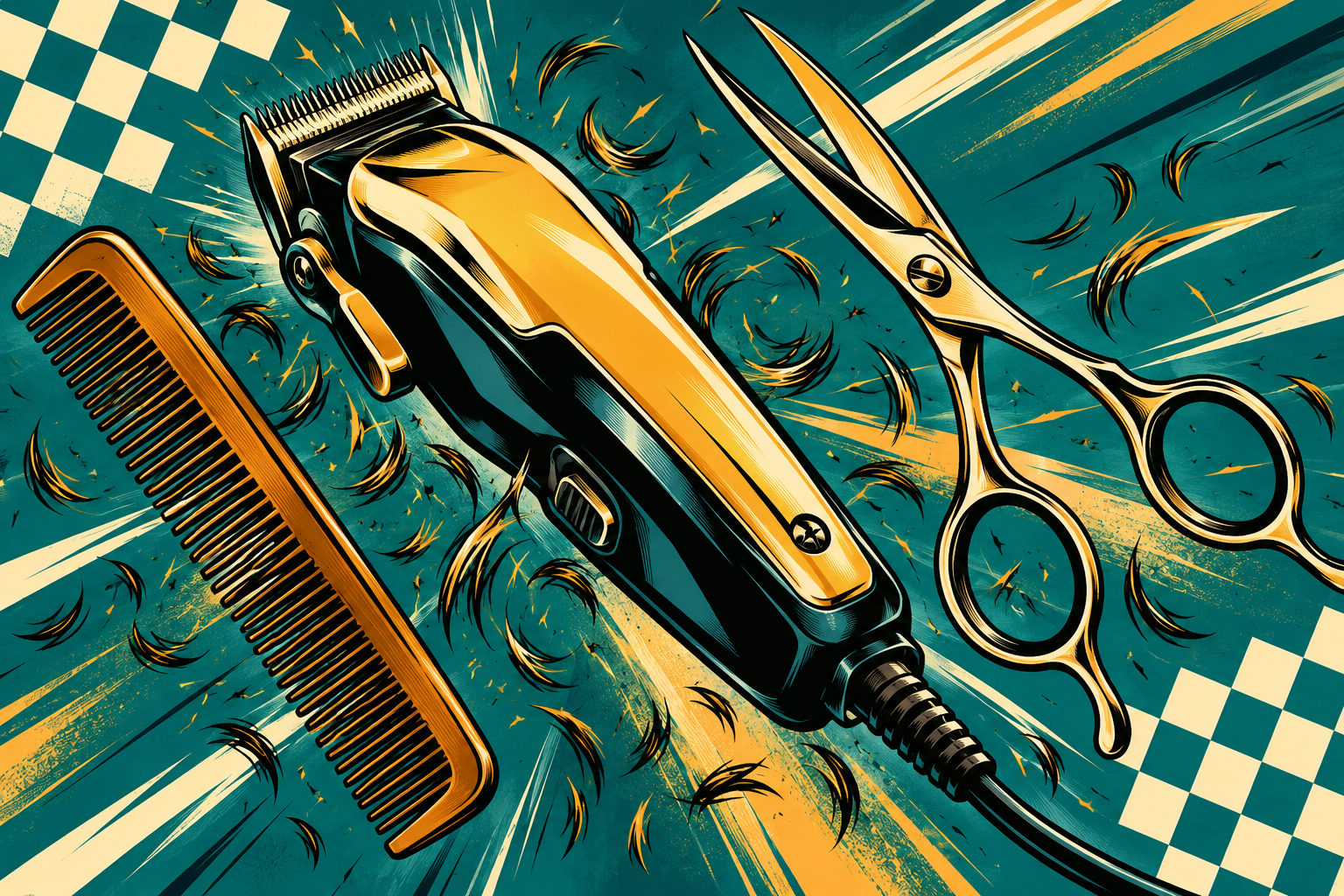 Comic-poster illustration of barber clippers, comb, and scissors tumbling over a teal field