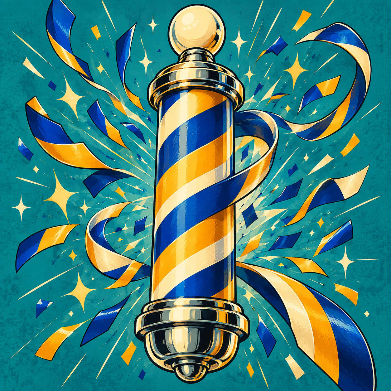 Comic-poster illustration of a barber pole bursting into spark confetti